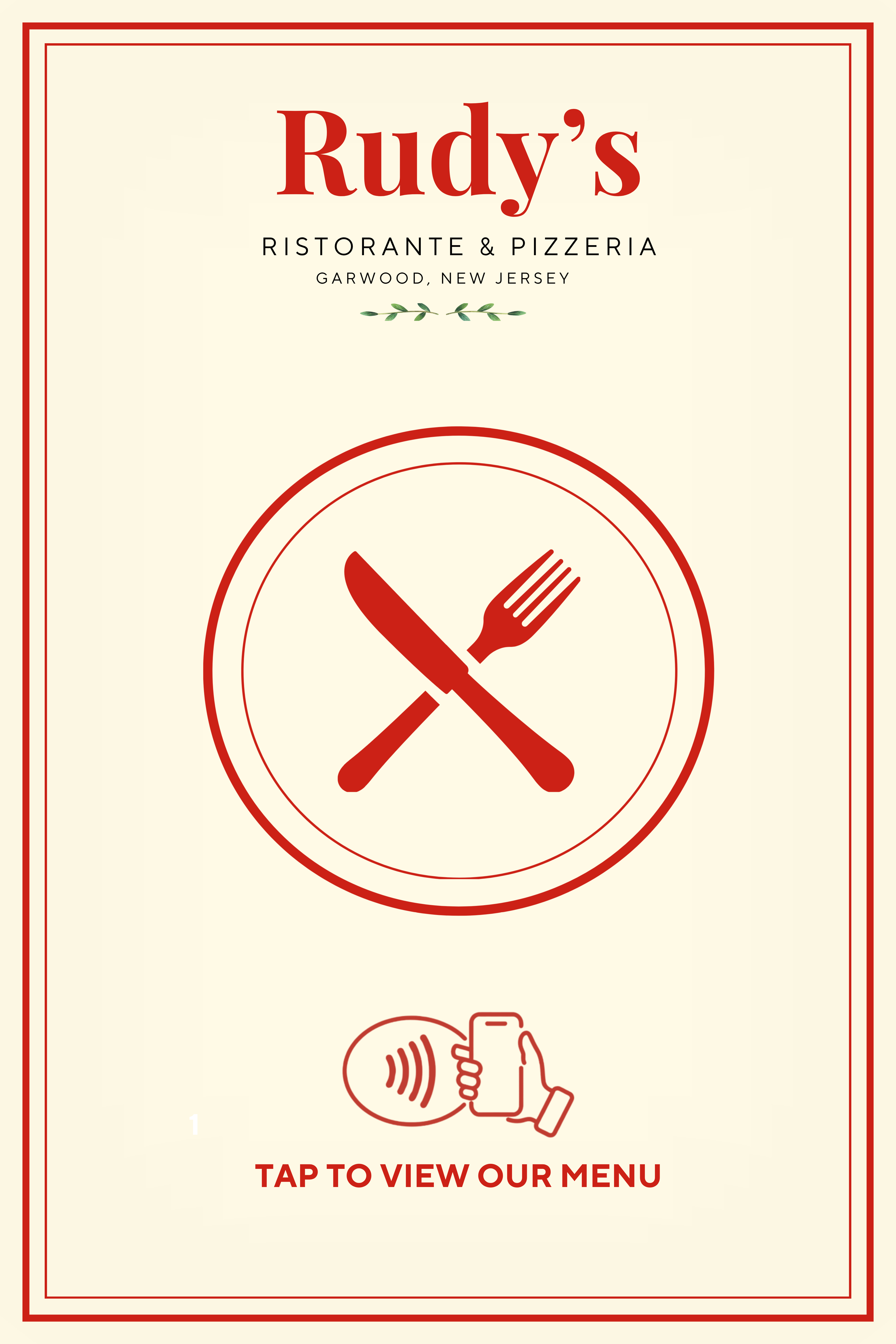 Rudy's Ristorante & Pizzeria table plaque, tap to view menu
